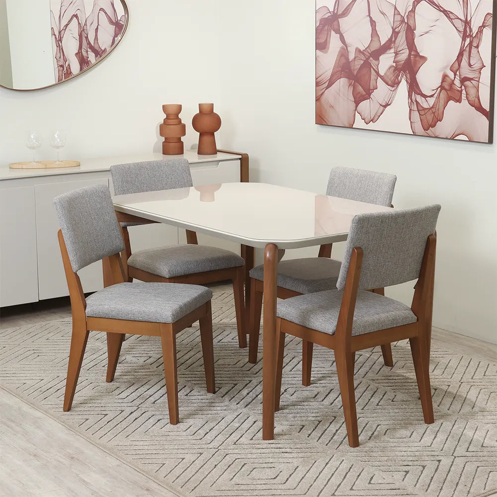 Conjunto de Jantar Mesa Retangular com Vidro Donatella com 4 Cadeiras Ella - Natural c/ Cinza