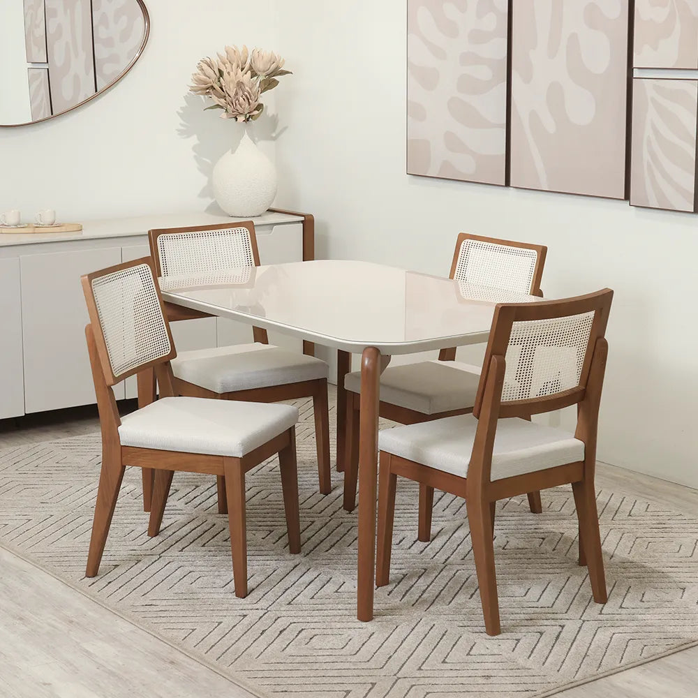 Conjunto de Jantar Mesa Retangular com Vidro Donatella com 4 Cadeiras Saga - Natural c/ Cru