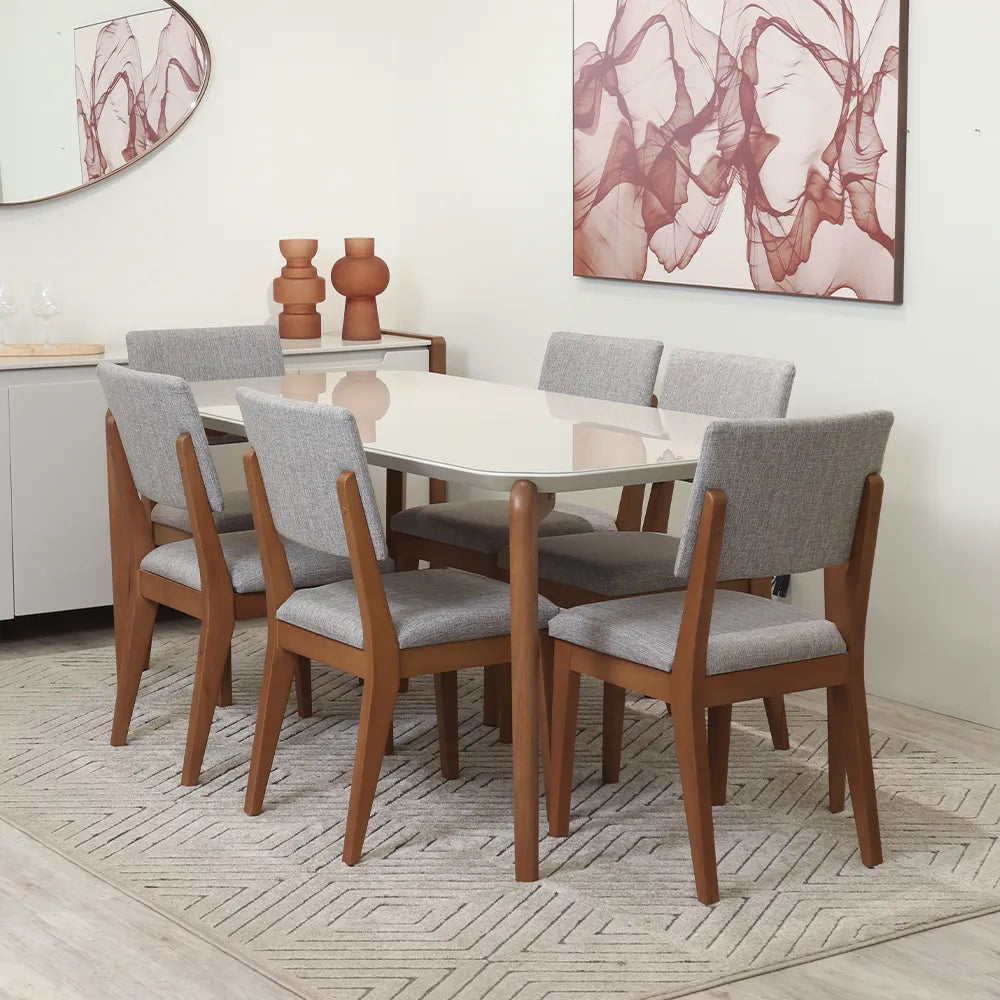 Conjunto de Jantar Mesa Retangular com Vidro Donatella com 6 Cadeiras Ella - Natural c/ Cinza
