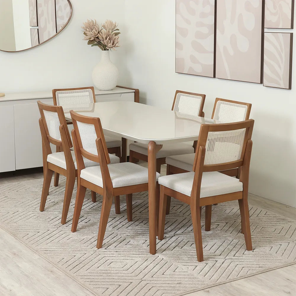 Conjunto de Jantar Mesa Retangular com Vidro Donatella com 6 Cadeiras Saga - Natural c/ Cru