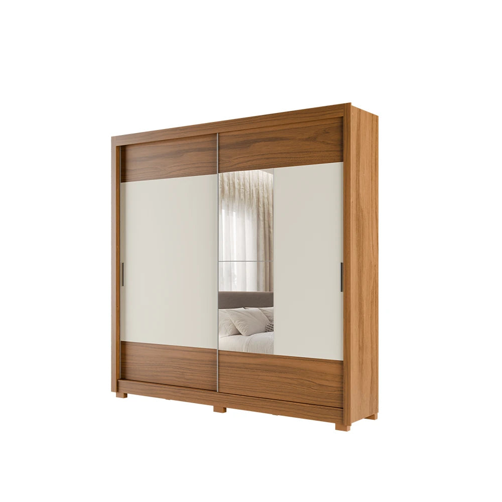Guarda-Roupa Casal com Espelho 2 Portas de Correr 6 Gavetas Soho 240 cm - Canella c/ Off White