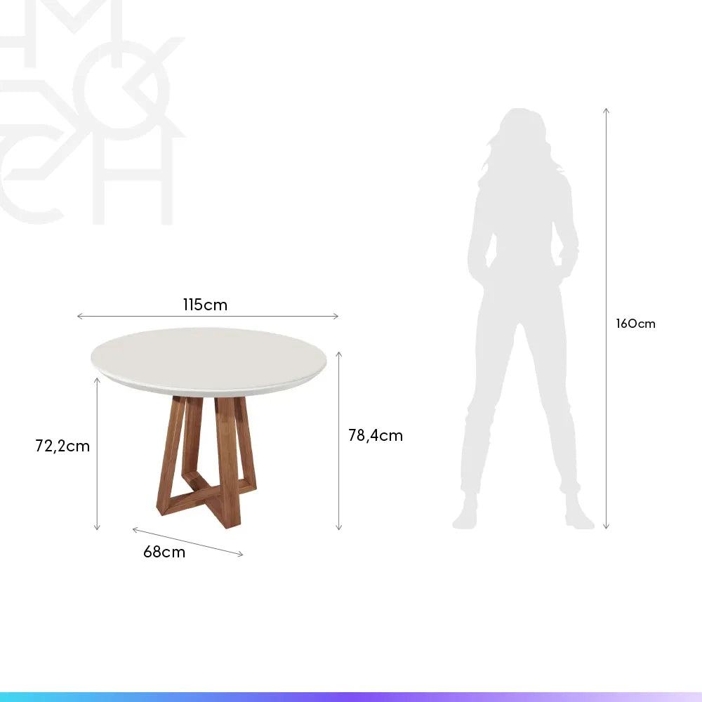Mesa de Jantar Redonda c/ Vidro para 4 Lugares Bennett 115 cm - Natural c/ Off White