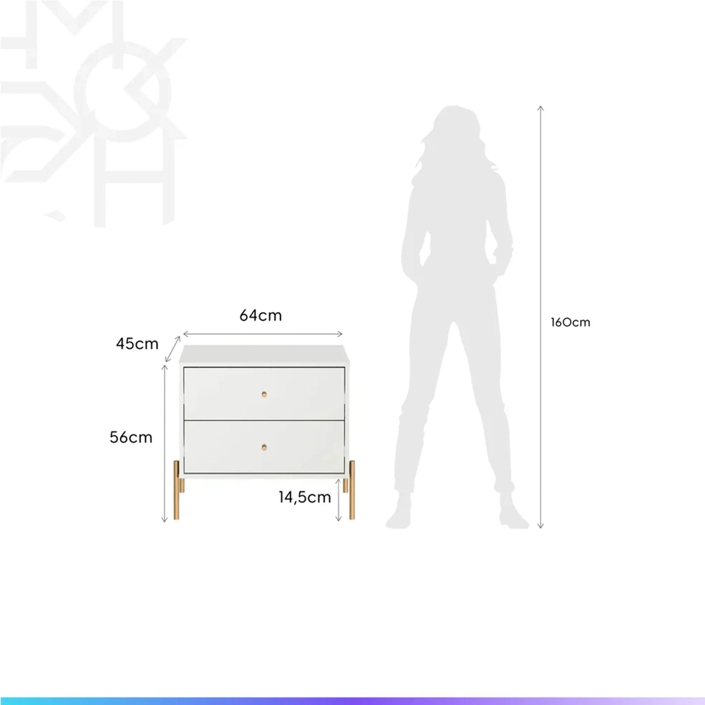 Conjunto 2 Mesas de Cabeceira e Cômoda 3 Gavetas Jasper - Branco c/ Dourado