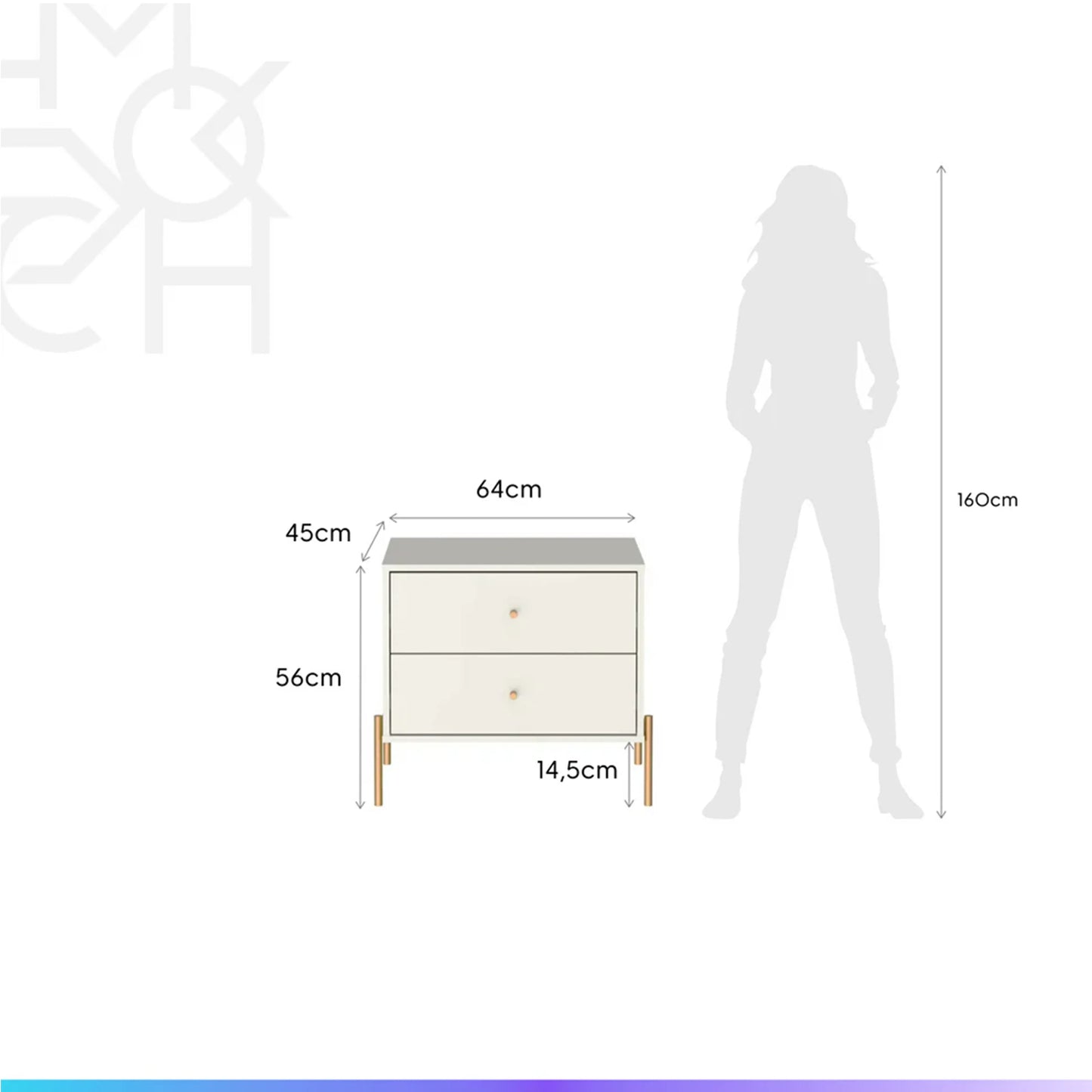 Conjunto 2 Mesas de Cabeceira e Cômoda 6 Gavetas Jasper - Off White Fosco c/ Dourado