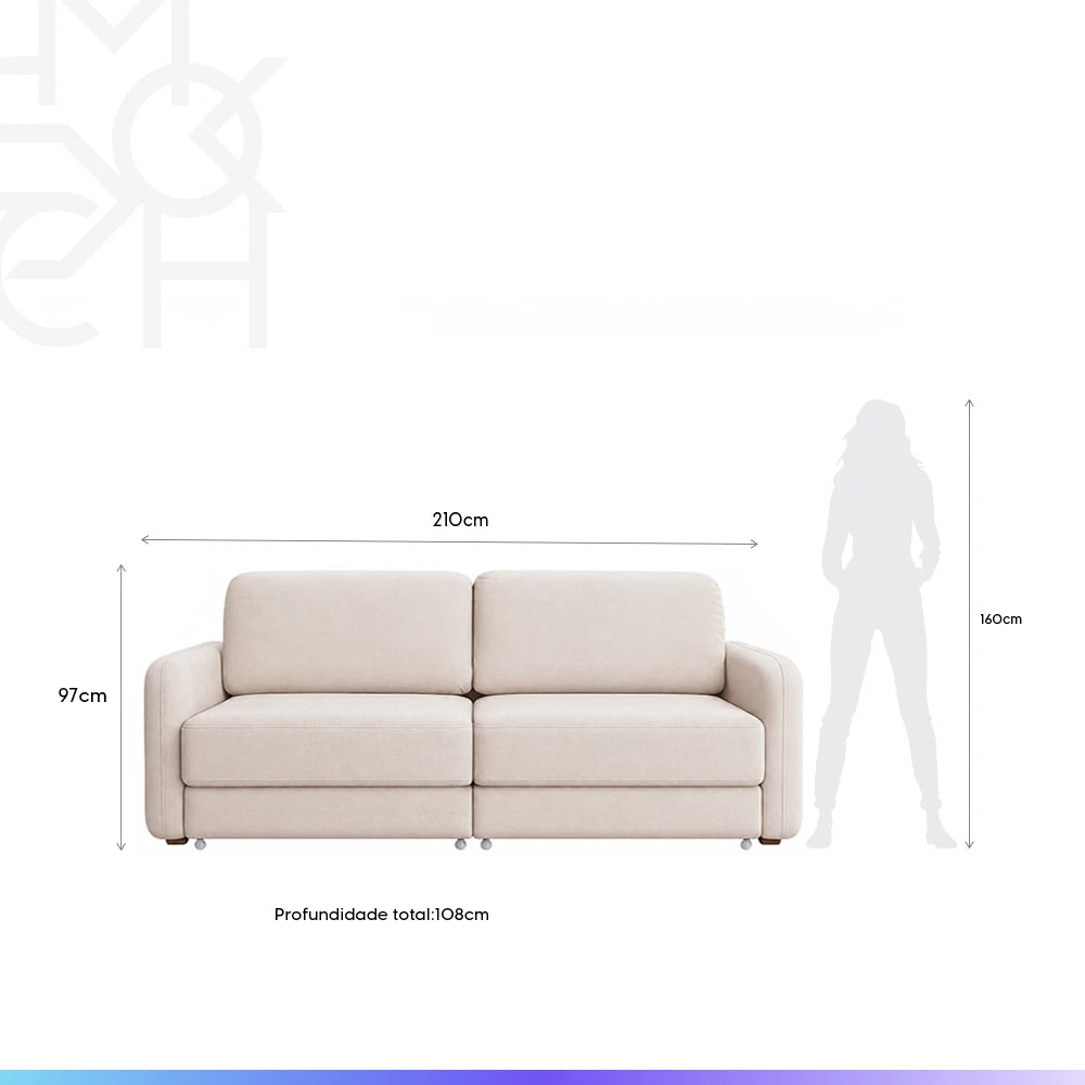 Sofá Cama Retrátil e Reclinável 3 Lugares Hudson 210 cm - Linho Texturizado Bege