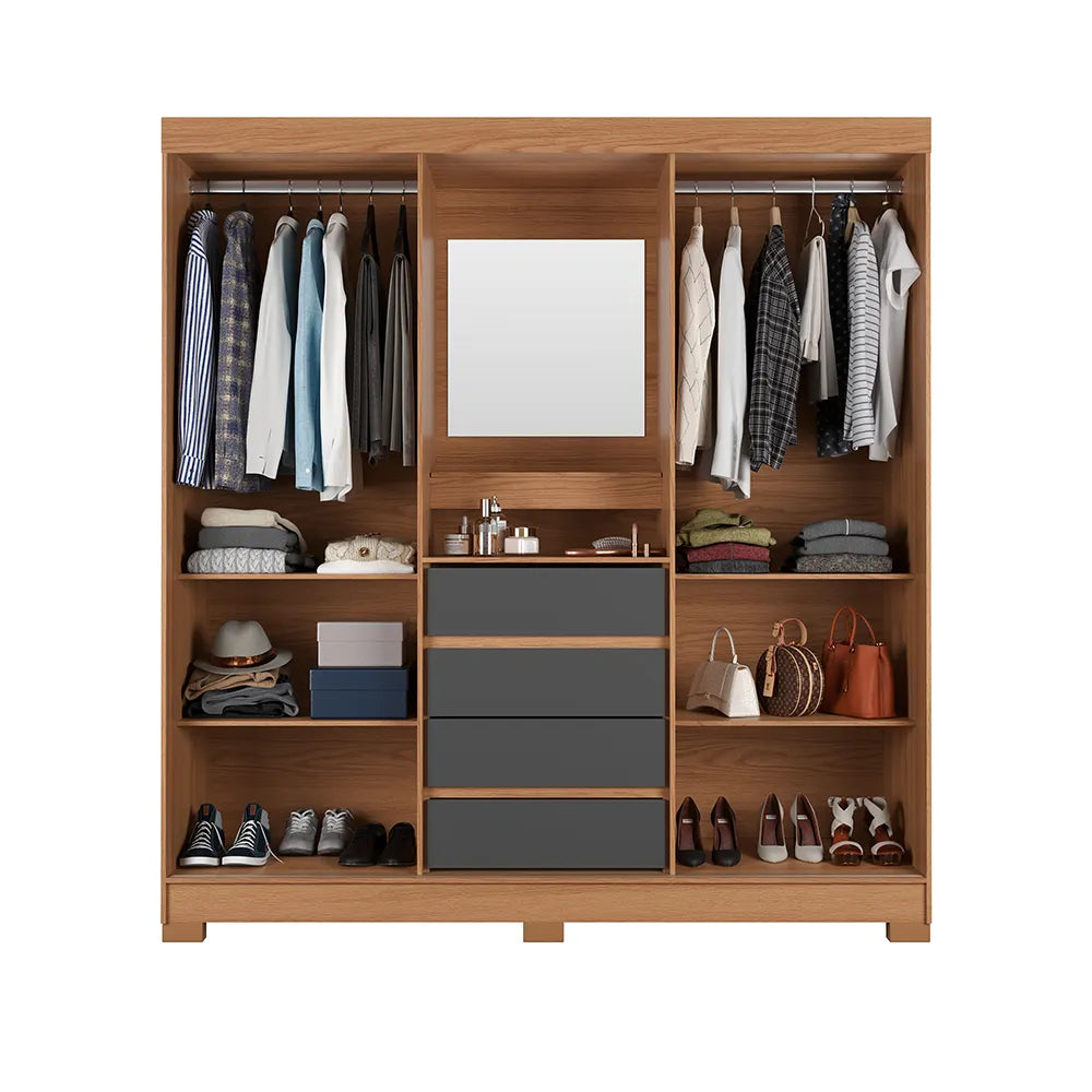 Guarda-Roupa Casal com Espelho 2 Portas de Correr 4 Gavetas Finley 184 cm - Carvalho c/ Grafite