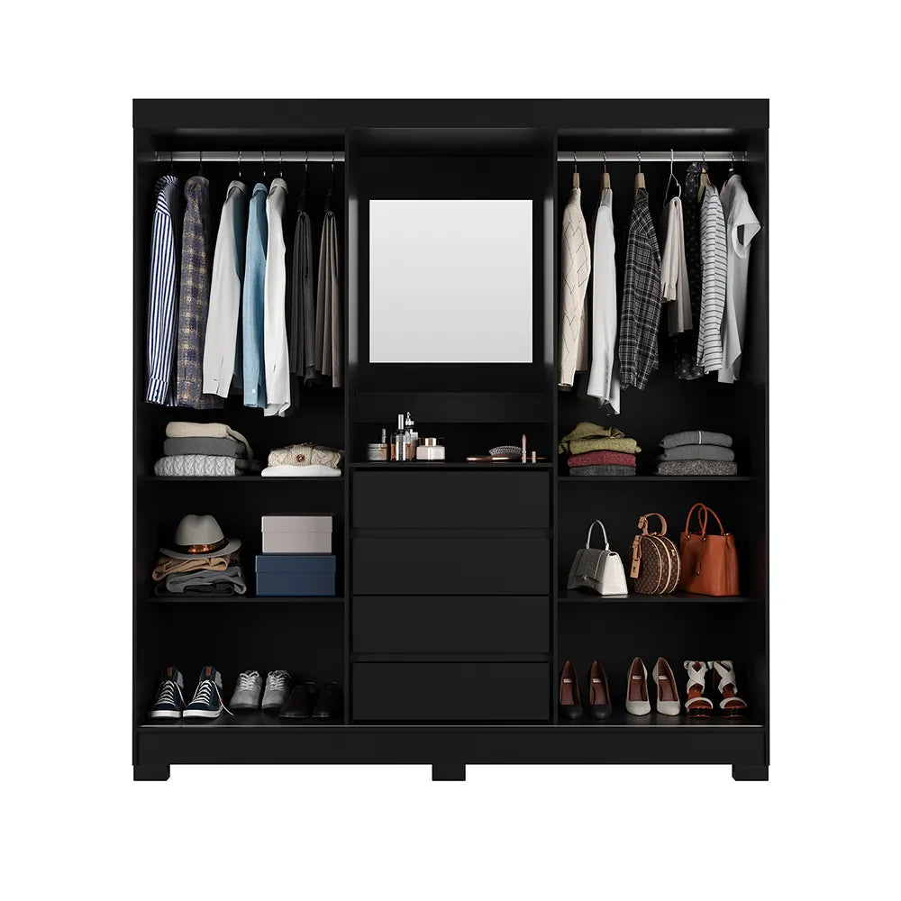Guarda-Roupa Casal com Espelho 2 Portas de Correr 4 Gavetas Finley 184 cm - Preto