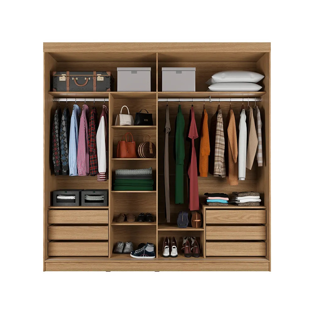 Guarda-Roupa Casal com Espelho 2 Portas de Correr 6 Gavetas Alexander 238 cm - Carvalho