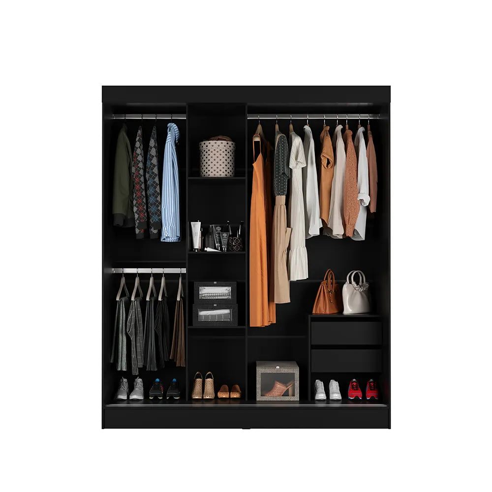 Guarda-Roupa Casal com Espelho 3 Portas de Correr 2 Gavetas Philip 172 cm - Preto Fosco