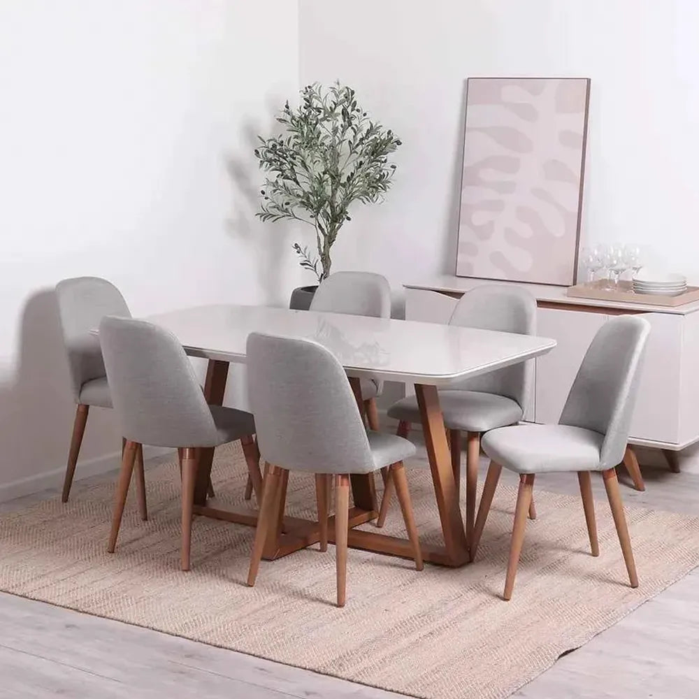 Conjunto com 8 Cadeiras de Madeira Maciça Estofada New Drop - Natural c/ Linho Cinza – Cobre