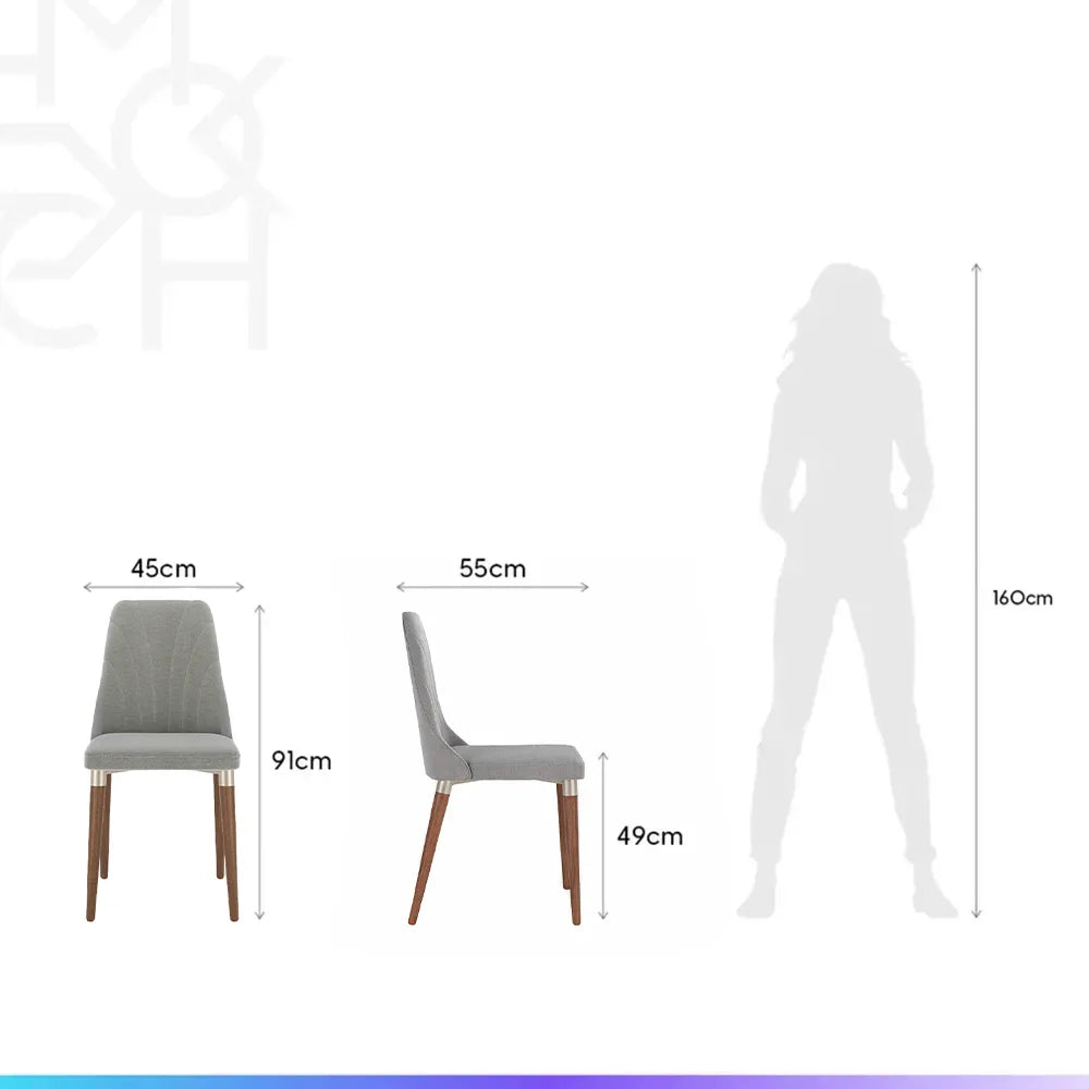 Conjunto de 8 Cadeiras de Madeira Maciça Estofada Lara - Natural c/ Linho Cinza - Champanhe