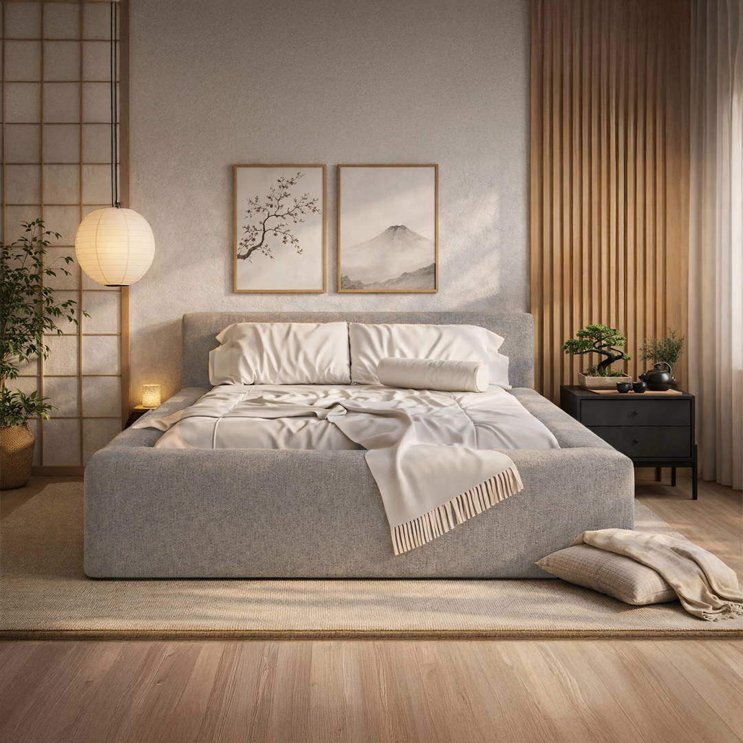 Cama Estofada de Casal com Cabeceira Nora - Linho Cinza