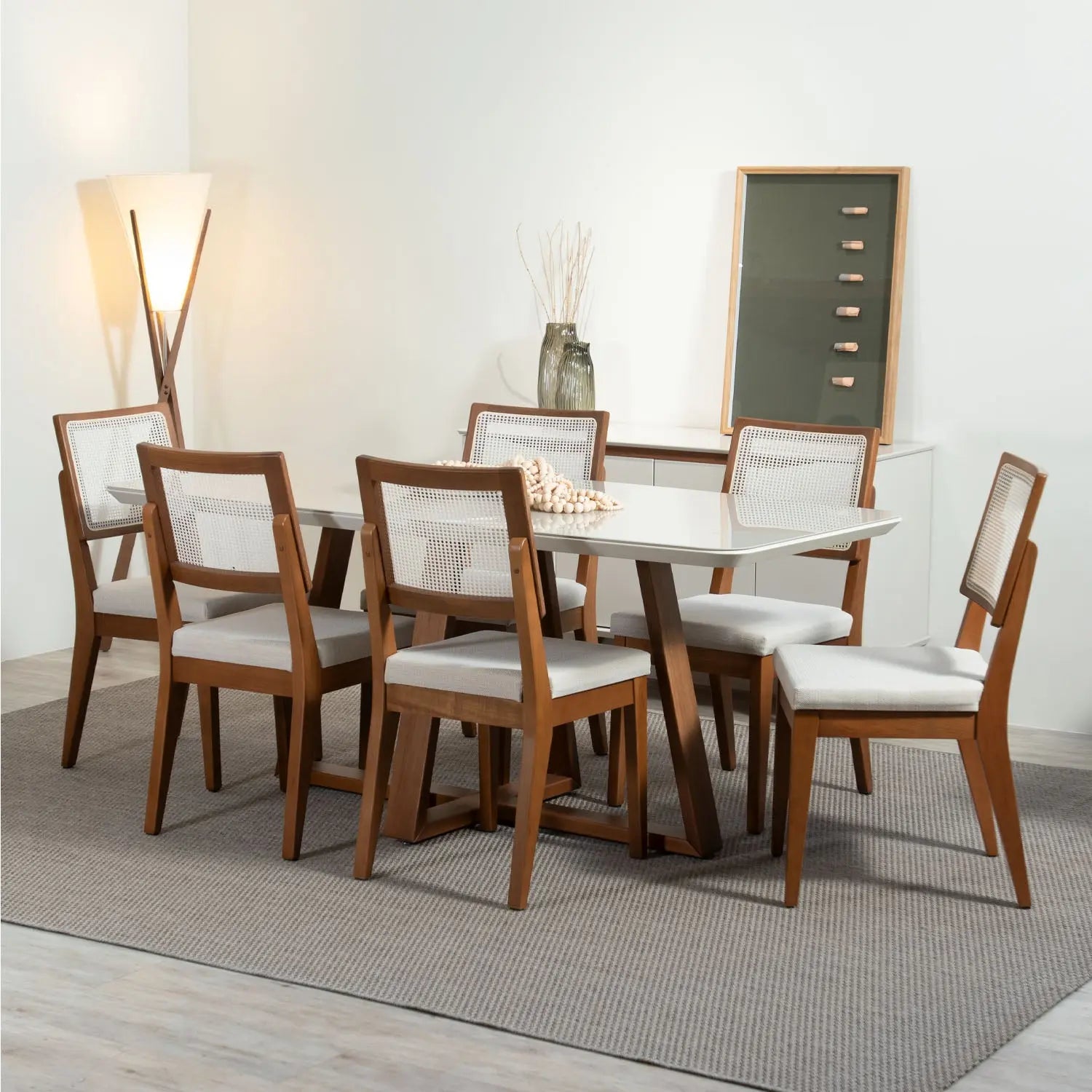 Conjunto Mesa de Jantar Bennett com 6 Cadeiras de Madeira Linho Off White –  Homedock