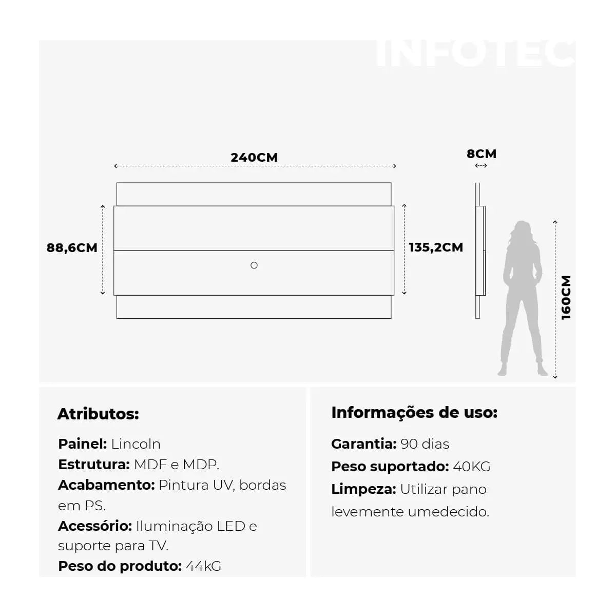 Homedock Painel para TV New Lincoln 240 cm Freijó c/ Off White Gloss Móveis Provincia