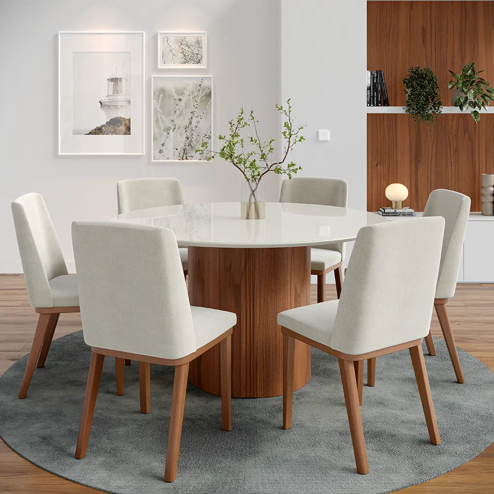 Conjunto de Jantar Mesa Redonda com Vidro 6 Cadeiras Kalina - Canella c/ Palha