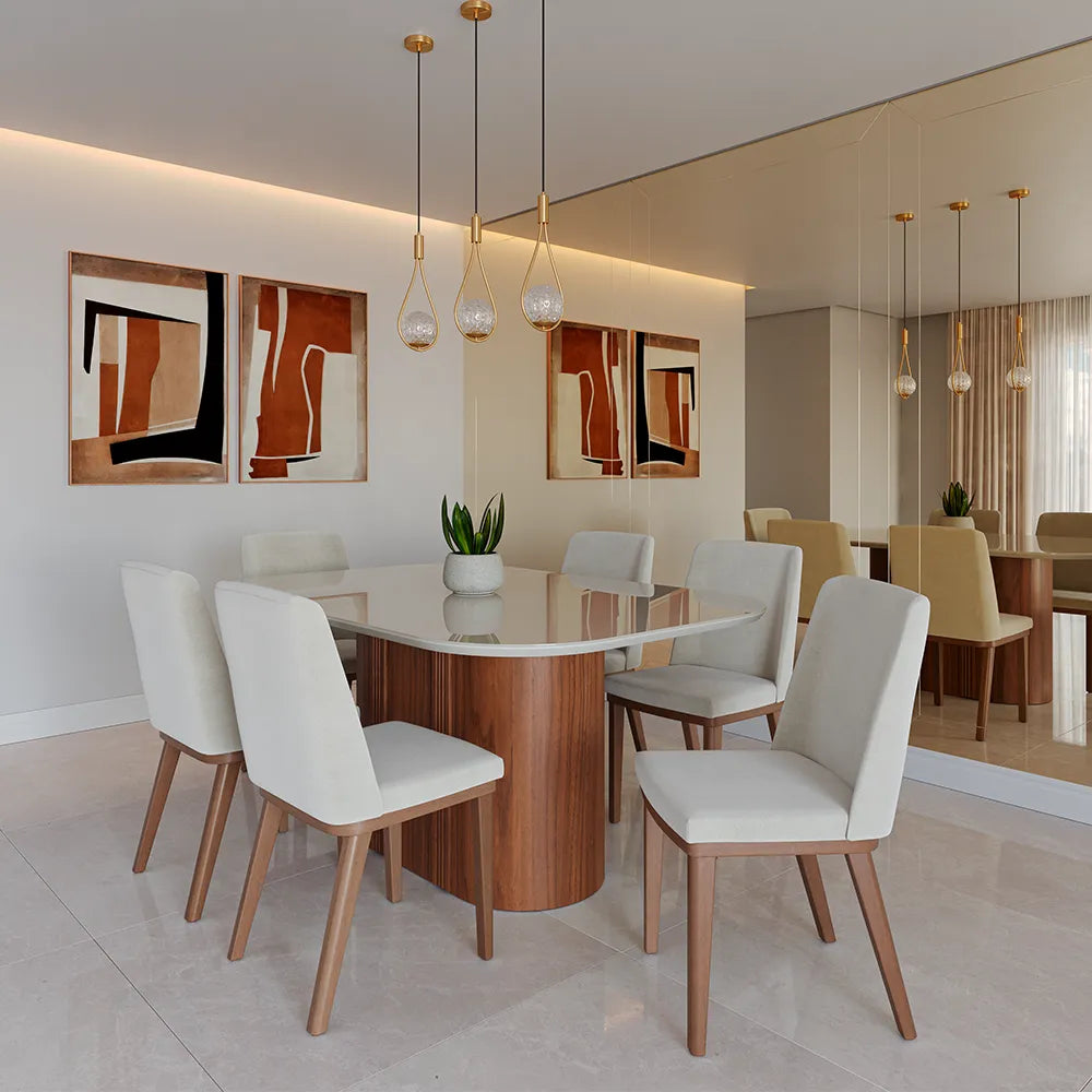 Conjunto de Jantar Mesa Retangular com Vidro 6 Cadeiras Kalina - Canella c/ Palha