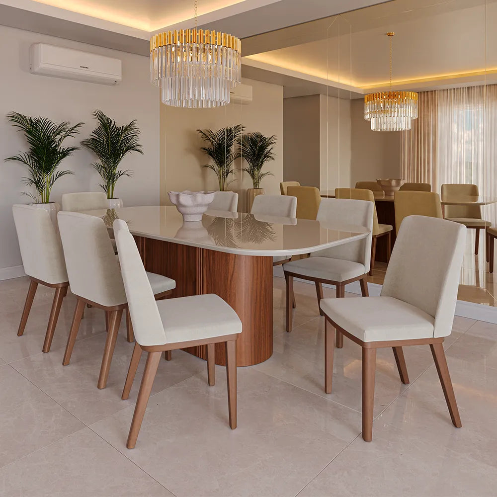 Conjunto de Jantar Mesa Retangular com Vidro 8 Cadeiras Kalina - Canella c/ Palha