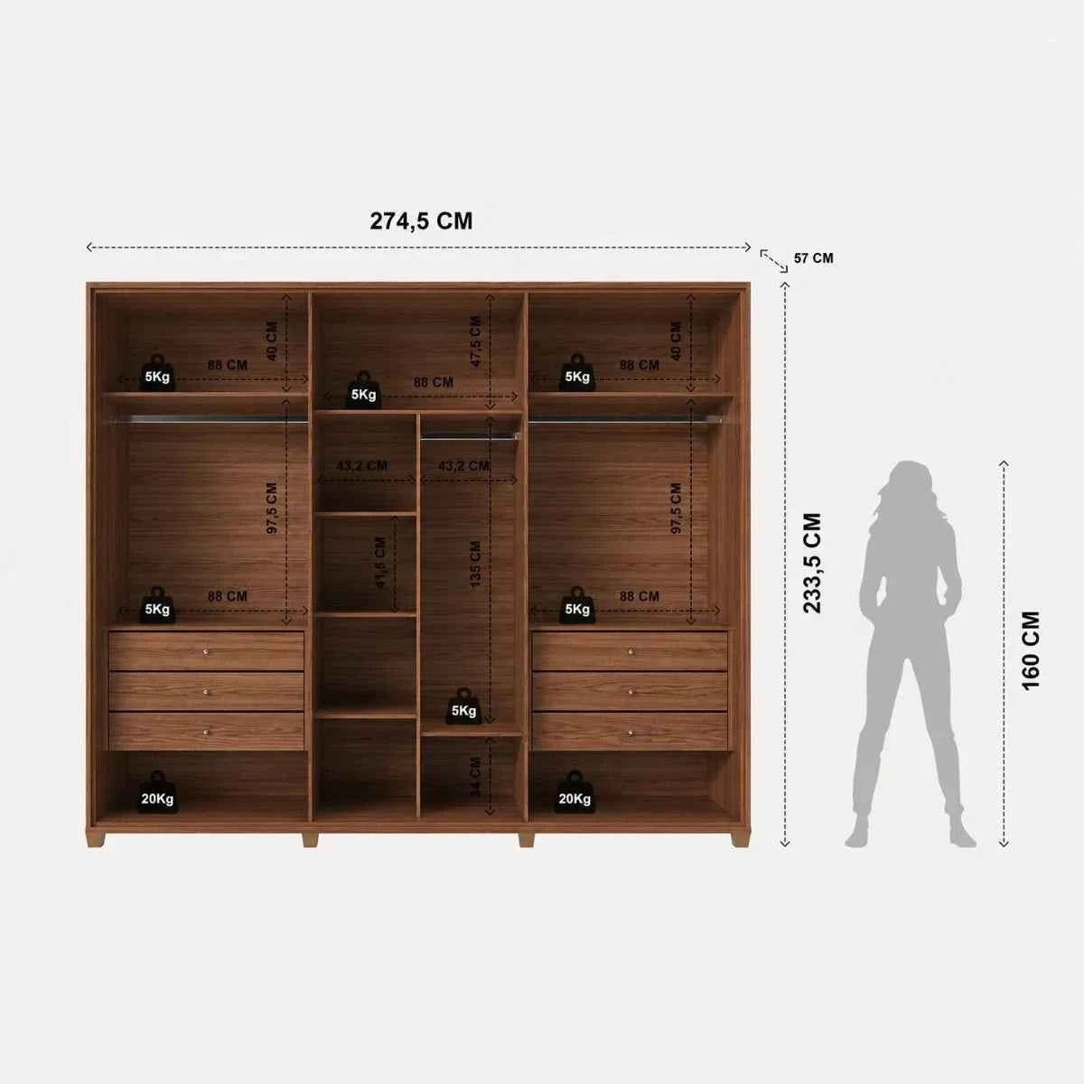 Guarda-Roupa Casal com 6 Portas Vidro Reflecta e LED 6 Gavetas Speculum 274 cm – Canella