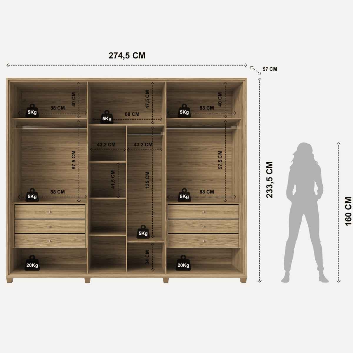 Guarda-Roupa Casal com 6 Portas Vidro Reflecta e LED 6 Gavetas Speculum 274 cm – Carvalho
