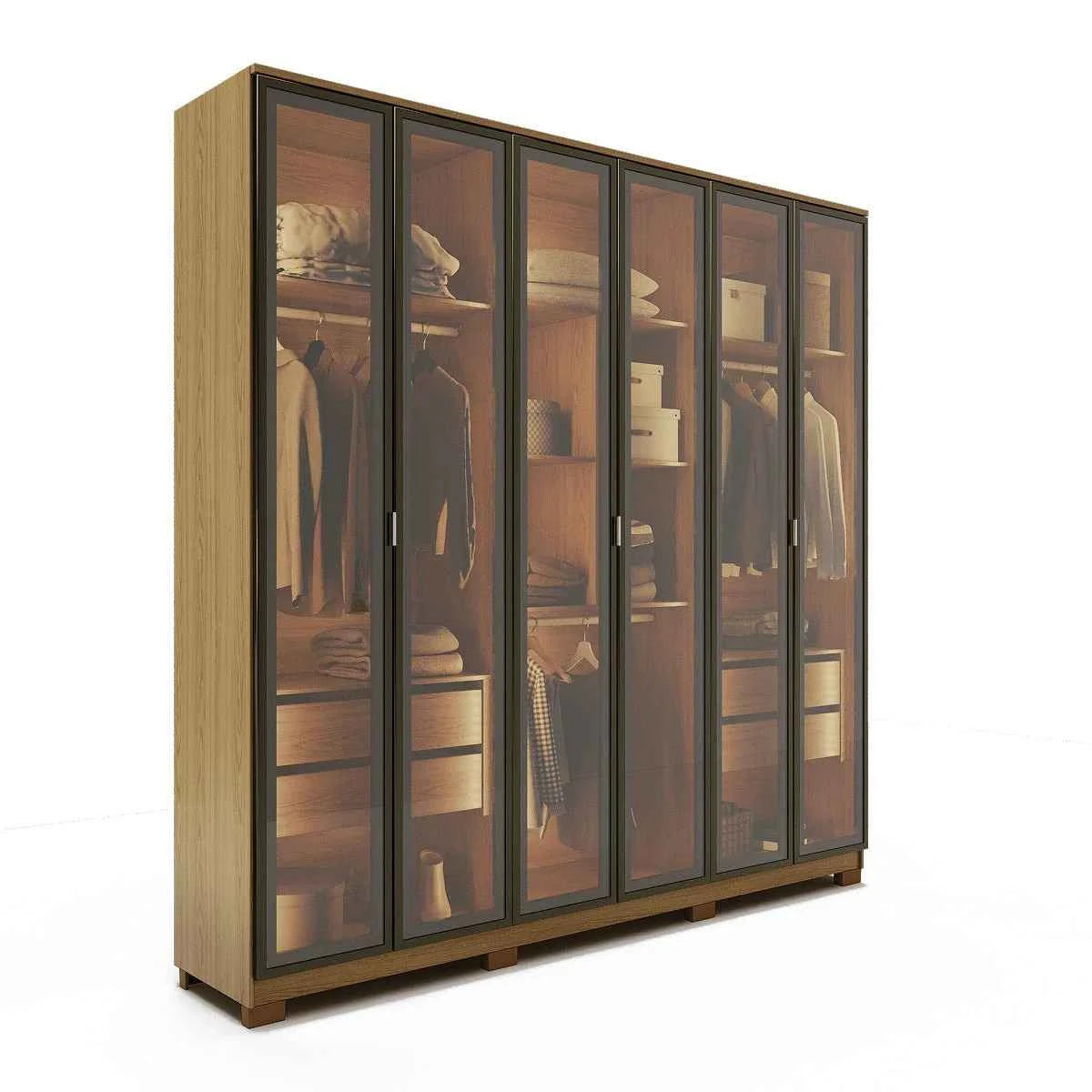 Guarda-Roupa Casal com 6 Portas Vidro Reflecta e LED 4 Gavetas Lucent 231 cm – Carvalho