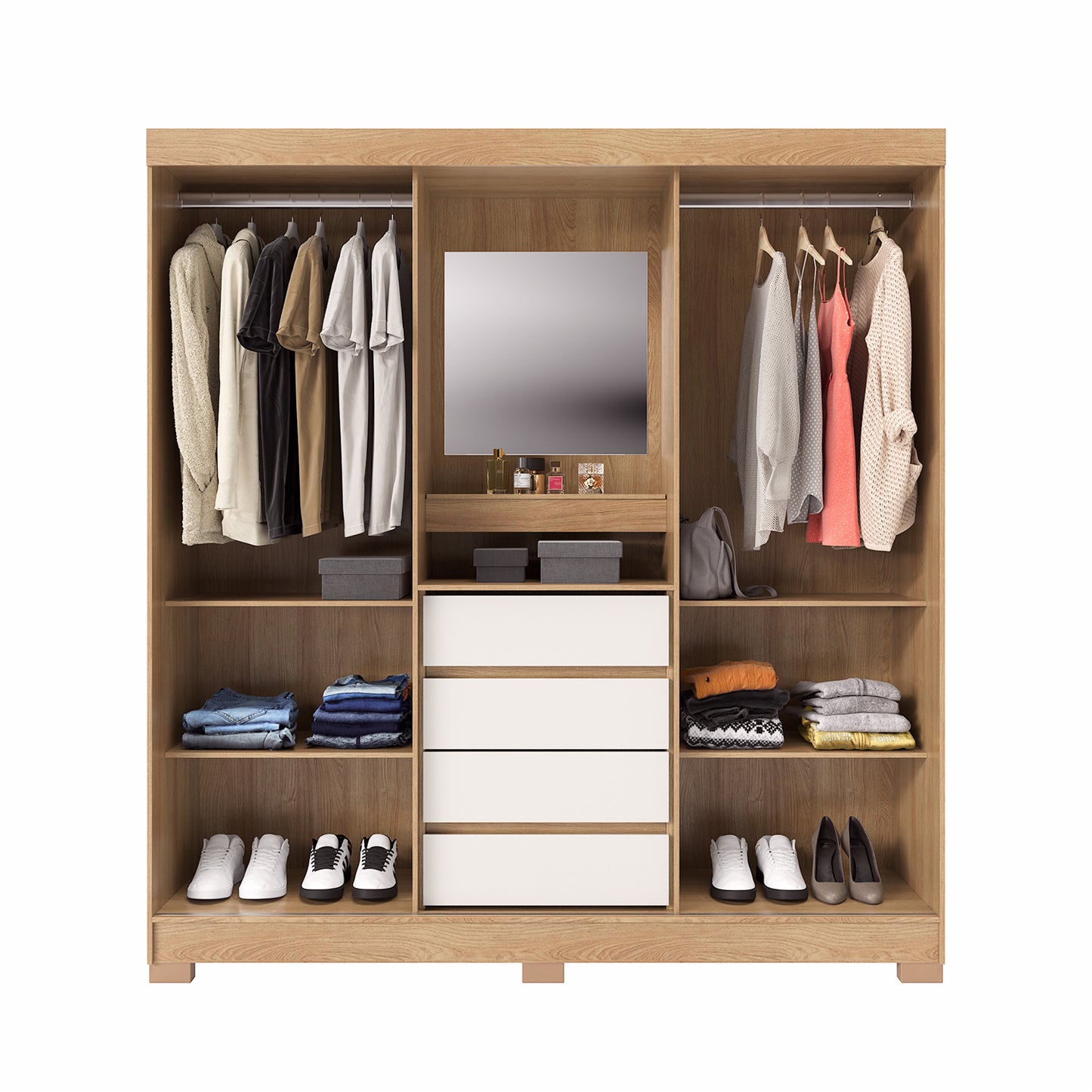 Guarda-Roupa Casal com Espelho 2 Portas de Correr 4 Gavetas Finley 184 cm - Carvalho c/ Off White
