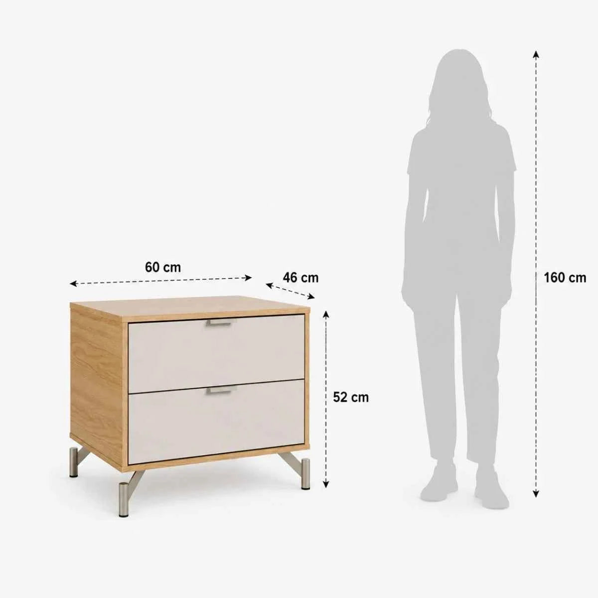 Mesa de Cabeceira 2 Gavetas Altis 60 cm - Off White Fosco c/ Carvalho - Champanhe