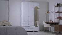 Guarda-Roupa Solteiro com Espelho 3 Portas 4 Gavetas 100% MDF Look 136 cm - Branco Fosco c/ Champanhe