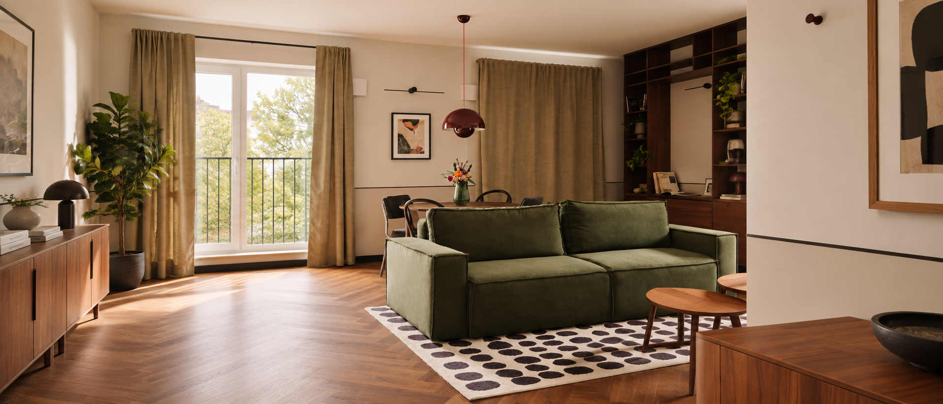 Ambiente integrado com sofá verde, madeira e detalhes em tons quentes