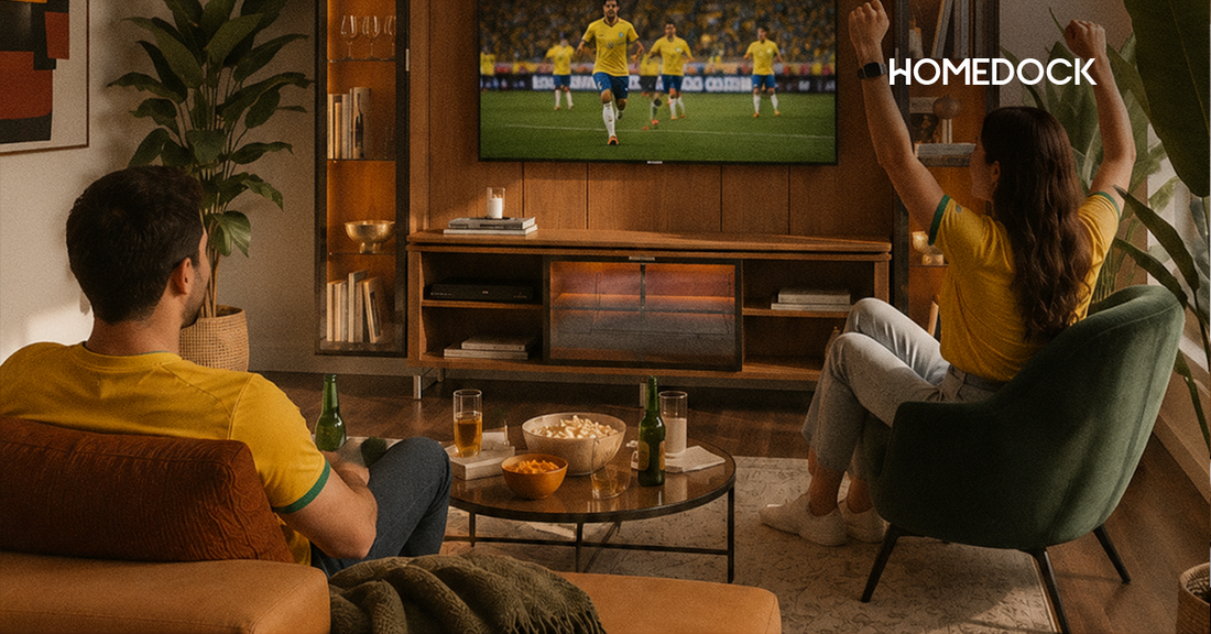 Casa cheia nas férias e na Copa: Guia de sobrevivência do design para manter a sala organizada e acolhedora. 🏡⚽💜