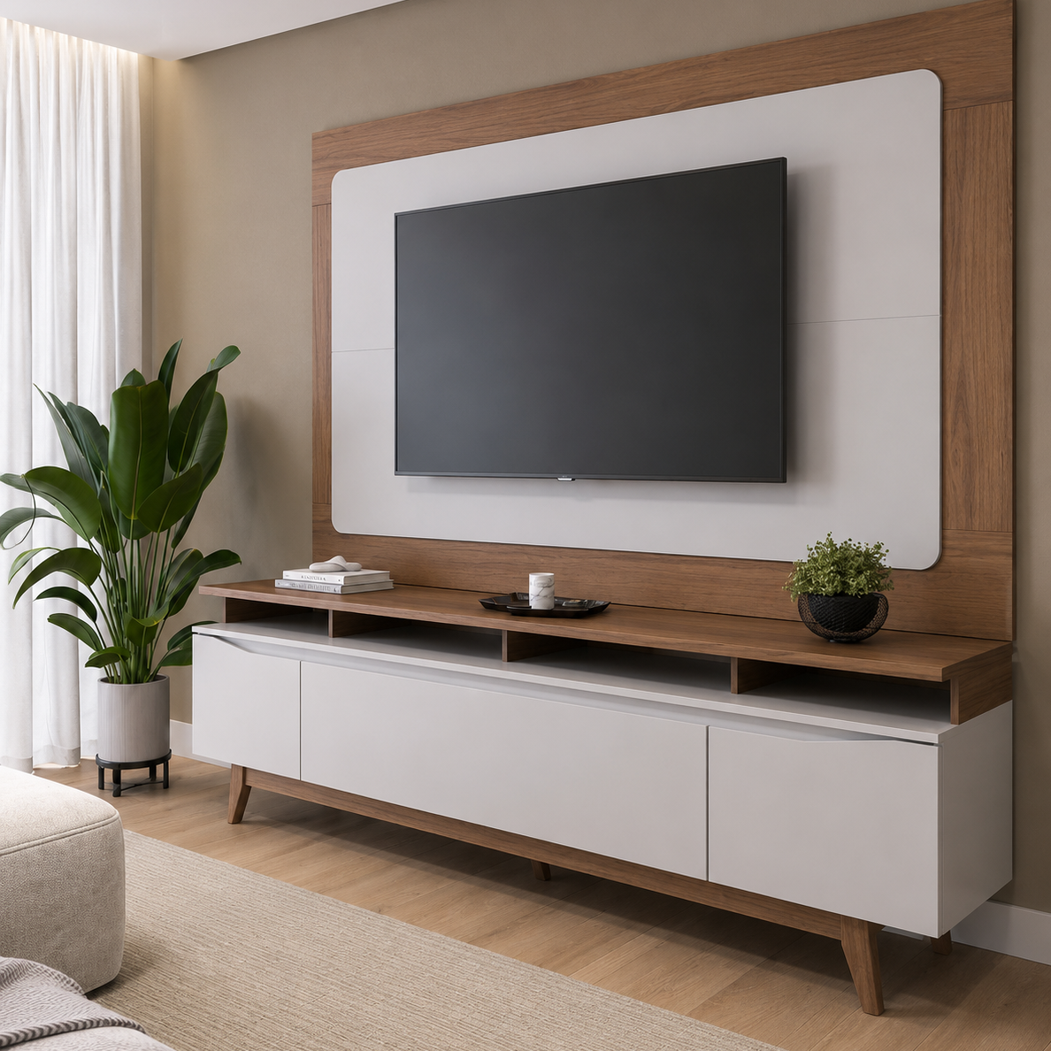 Rack Flynt com Painel Oslo para TV até 75” 3 Portas 219 cm - Canella c/ Off White Fosco