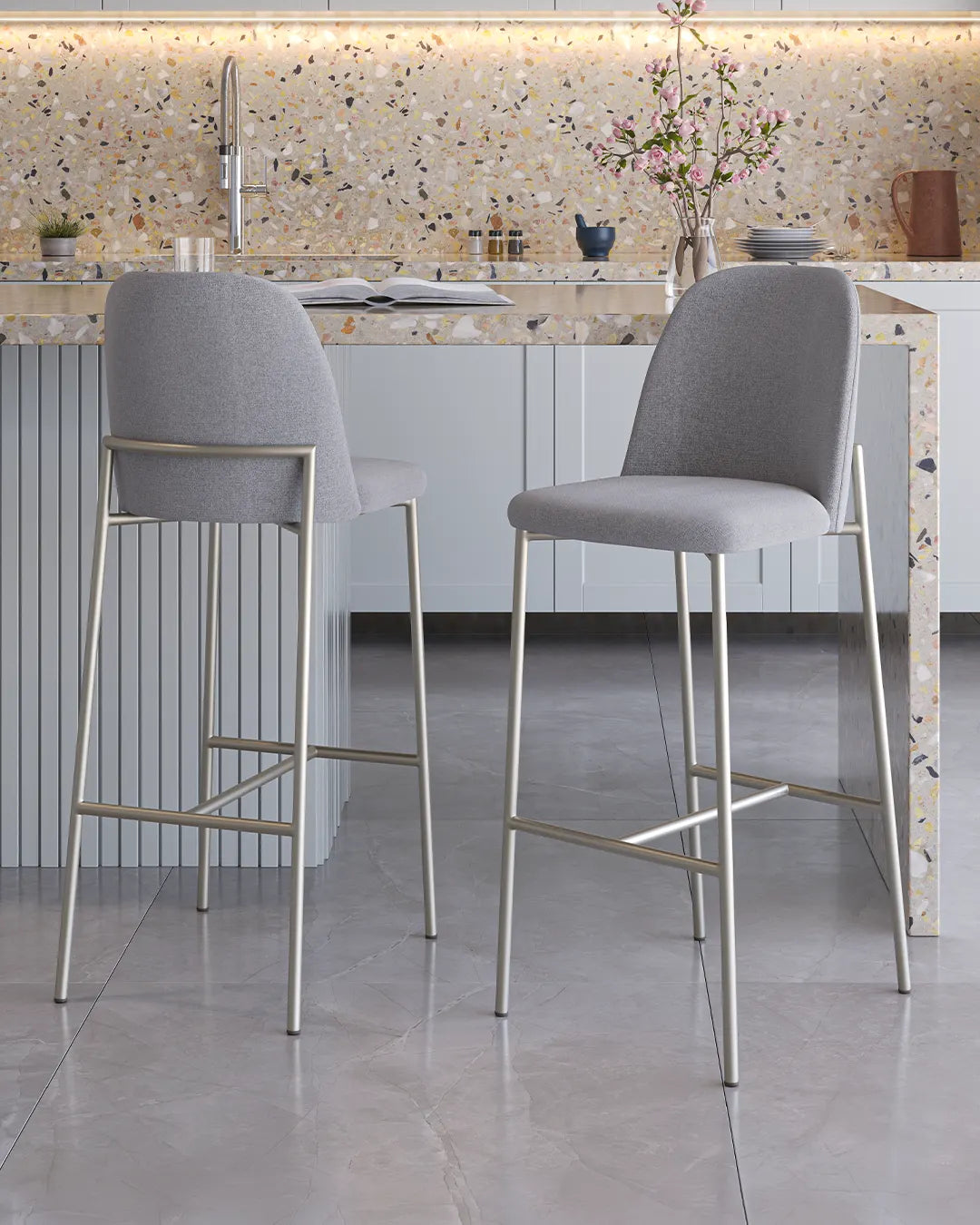 Banqueta Alta de Aço Estofada Lucille - Champanhe c/ Stone Carbono