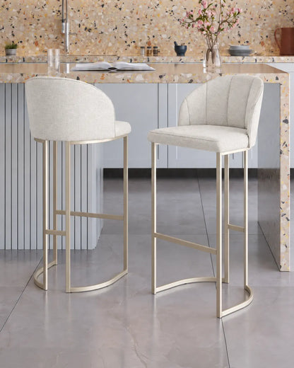 Banqueta Alta de Aço Estofada com Braços Beverly - Champanhe c/ Linho Mescla Cru
