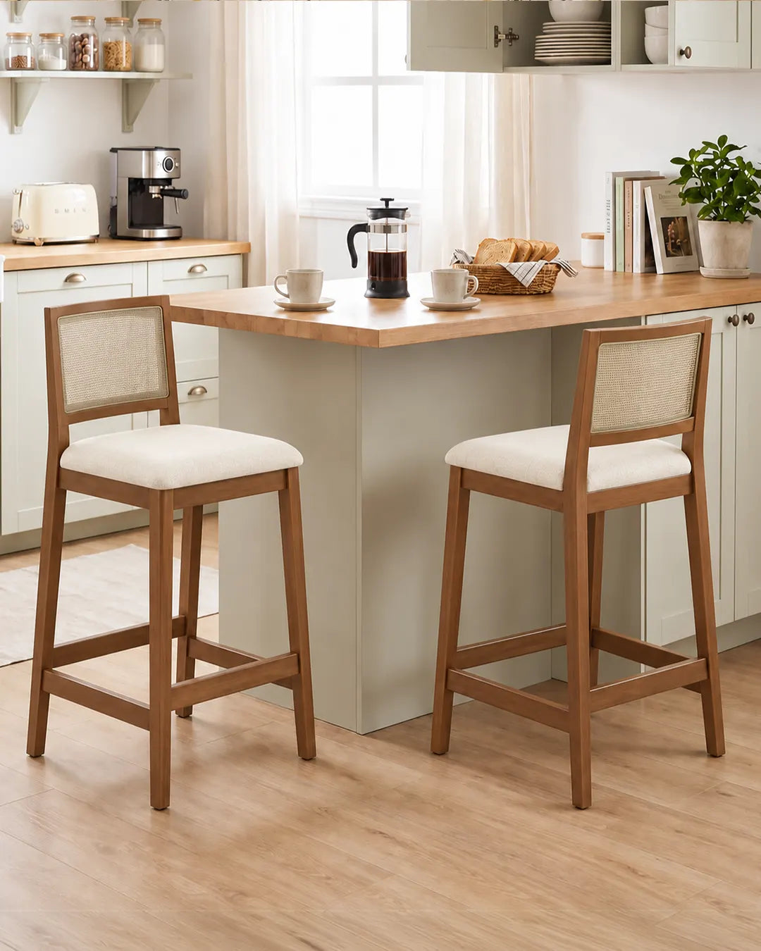 Banqueta Marla - Linho Off White c/ Madeira Natural