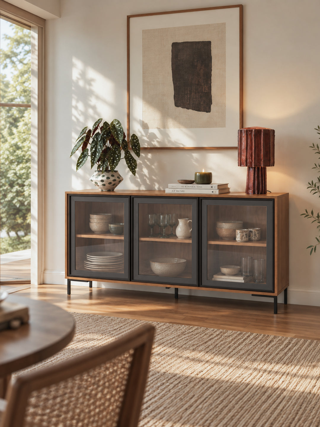 Buffet 03 Portas com Vidro Vitria 134 cm - Mel c/ Preto