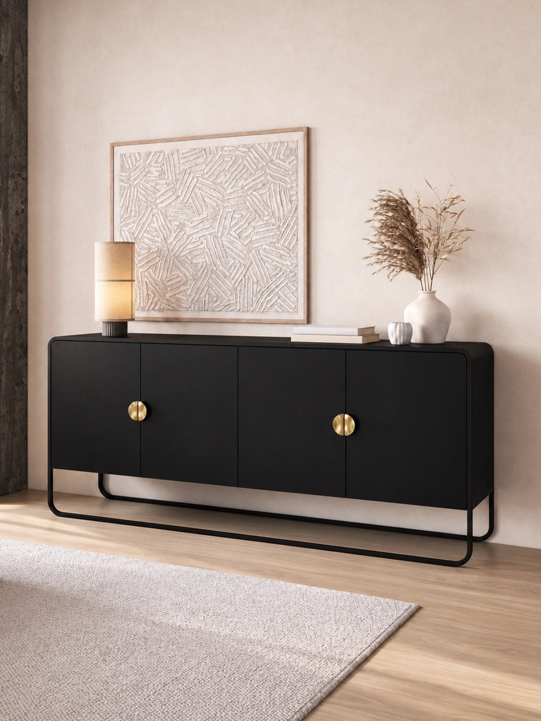 Buffet 4 Portas Pés em Aço Dunna 180 cm - Preto c/ Dourado