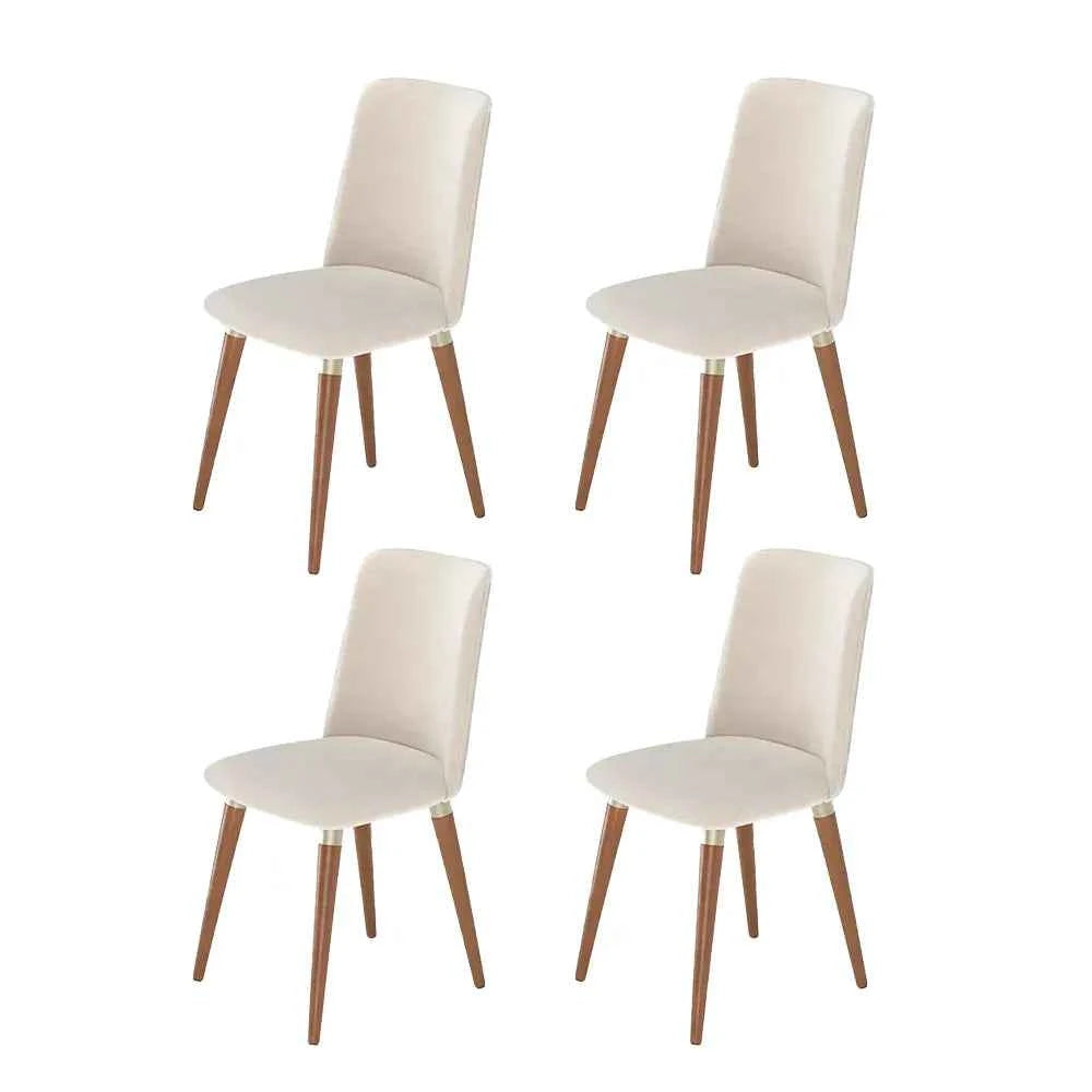 Conjunto de 4 Cadeiras de Madeira Maciça Estofada Dakota - Natural c/ Linho Off White - Champanhe