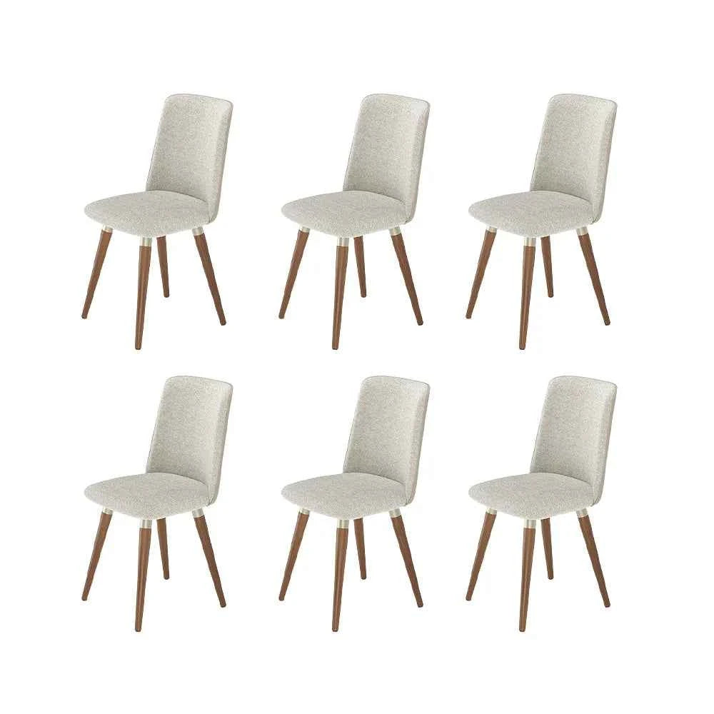 Conjunto de 6 Cadeiras de Madeira Maciça Estofada Dakota - Natural c/ Bouclé Cru e PU Off White - Champanhe