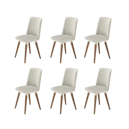 Conjunto de 6 Cadeiras de Madeira Maciça Estofada Dakota - Natural c/ Bouclé Cru e PU Off White - Champanhe