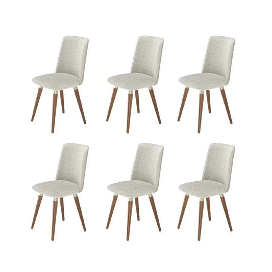 Conjunto de 6 Cadeiras de Madeira Maciça Estofada Dakota - Natural c/ Bouclé Cru e PU Off White - Champanhe