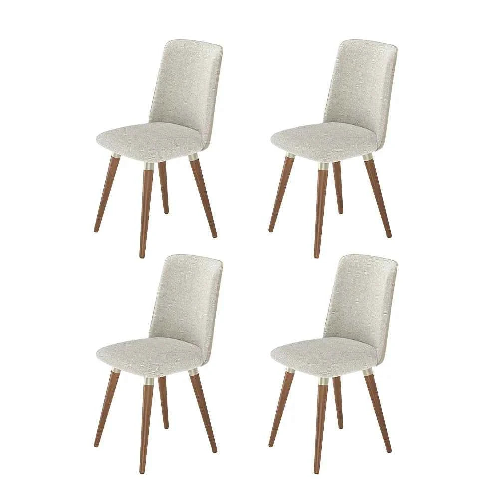 Conjunto de 4 Cadeiras de Madeira Maciça Estofada Dakota - Natural c/ Bouclé Cru e PU Off White - Champanhe