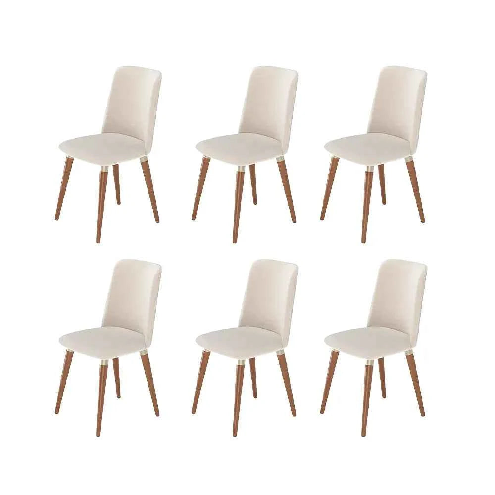 Conjunto de 6 Cadeiras de Madeira Maciça Estofada Dakota - Natural c/ Linho Off White - Champanhe