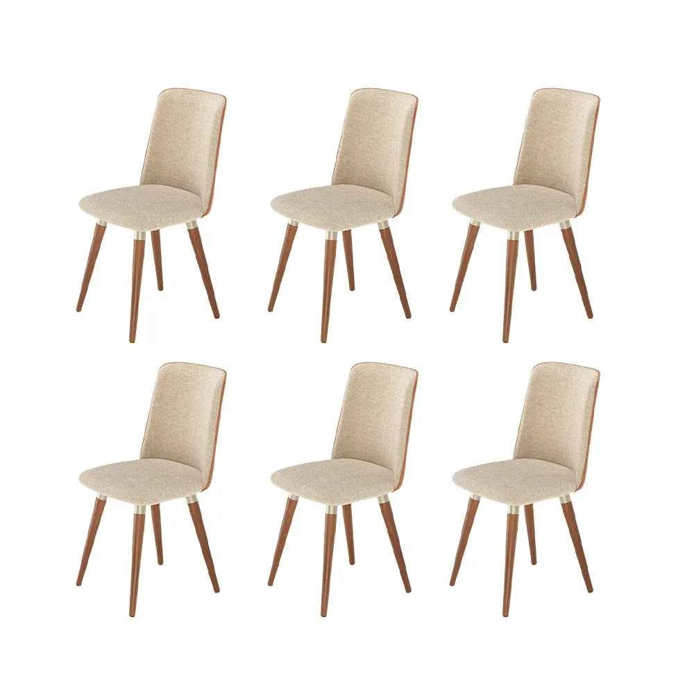 Conjunto de 6 Cadeiras de Madeira Maciça Estofada Dakota - Natural c/ Bouclé Fendi e PU Caramelo - Champanhe