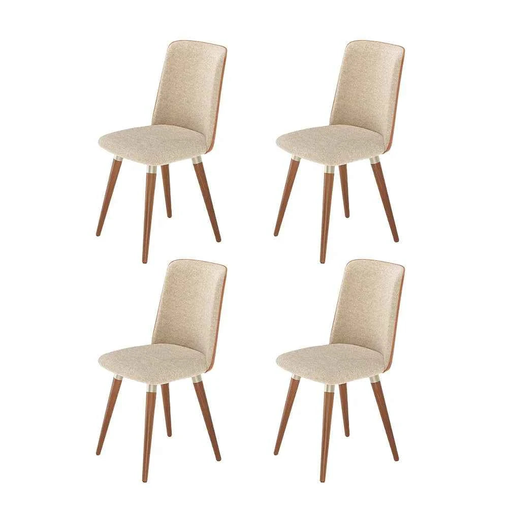 Conjunto de 4 Cadeiras de Madeira Maciça Estofada Dakota - Natural c/ Bouclé Fendi e PU Caramelo - Champanhe