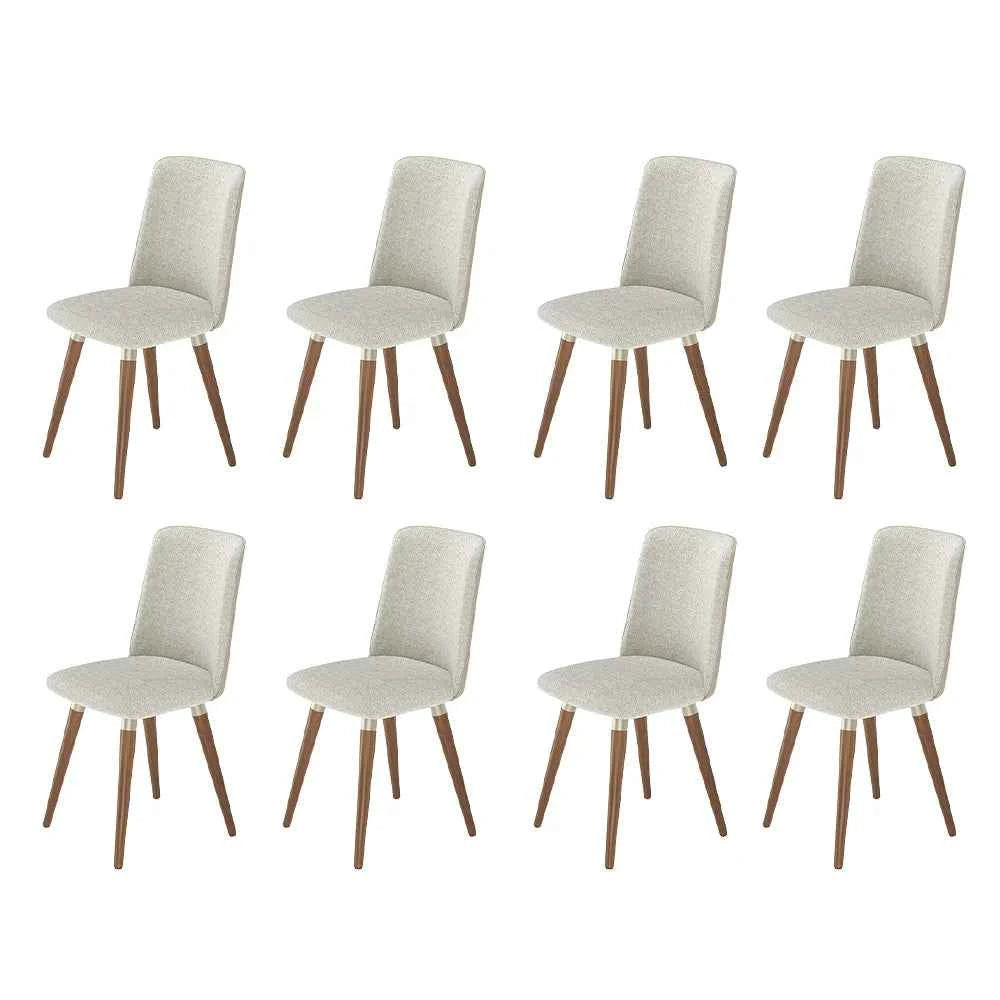 Conjunto de 8 Cadeiras de Madeira Maciça Estofada Dakota - Natural c/ Bouclé Cru e PU Off White - Champanhe