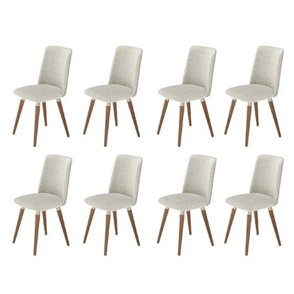 Conjunto de 8 Cadeiras de Madeira Maciça Estofada Dakota - Natural c/ Bouclé Cru e PU Off White - Champanhe