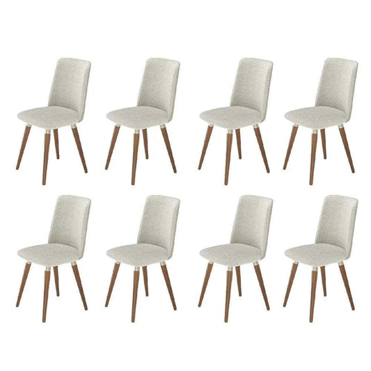 Conjunto de 8 Cadeiras de Madeira Maciça Estofada Dakota - Natural c/ Bouclé Cru e PU Off White - Champanhe