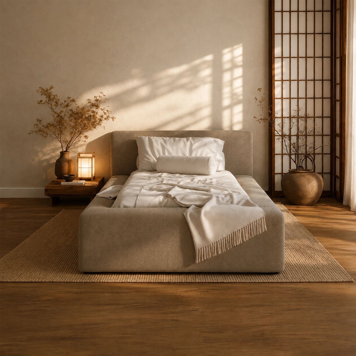 Cama Estofada de Solteiro com Cabeceira Nora - Linho Fendi