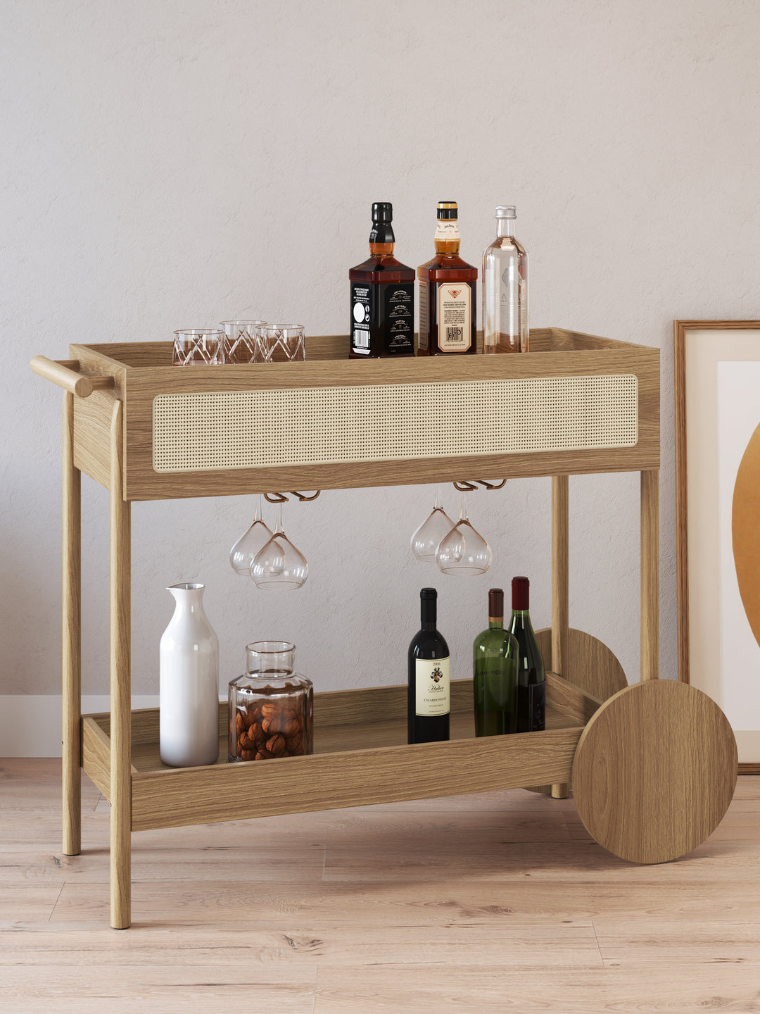 Carrinho Bar 1 Gaveta com Porta Taças Palhinha Urdi  112 cm - Mel