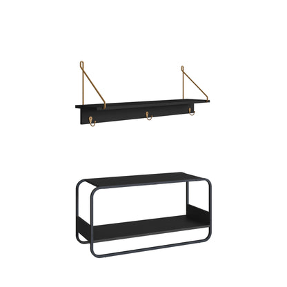 Conjunto Banco 1 Lugar com Prateleira 3 Ganchos Dunna - Preto c/ Dourado