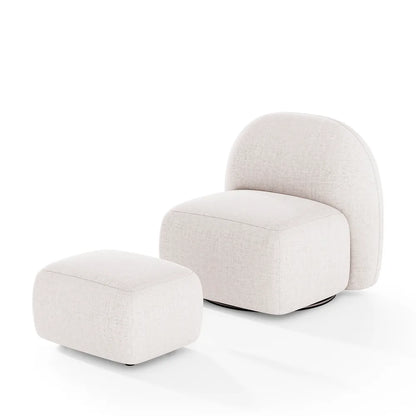 Conjunto Poltrona Giratória e Puff Estofados Aurora - Linho Texturizado Off White